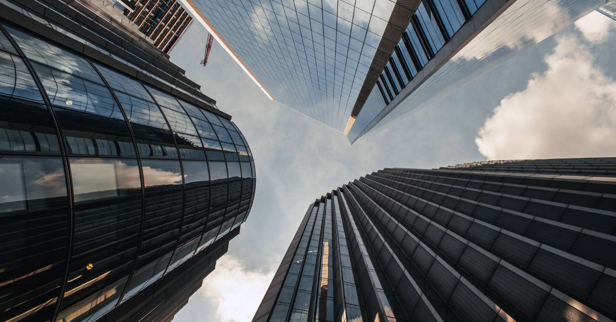 Skyscraper view straight up from the ground.